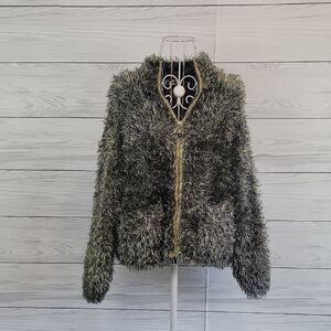 Jamie Sadock Eyelash Yarn Knit Zip Front Sweater Green & Blue Womens Size M